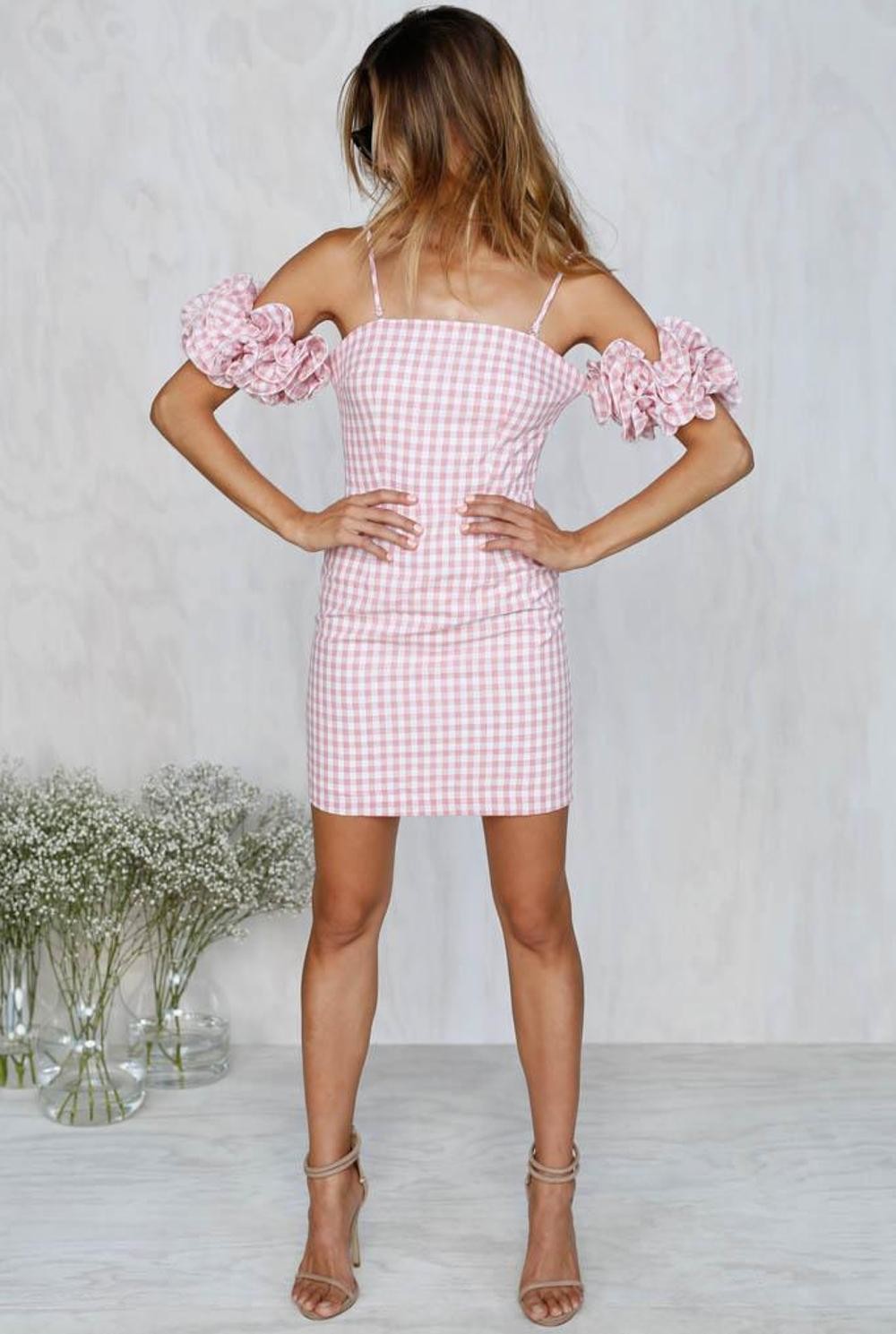 Quality 2018 New Arrivals Clothing Ruffled Sleeve Pink Gingham Women Dresses Summer wholesale