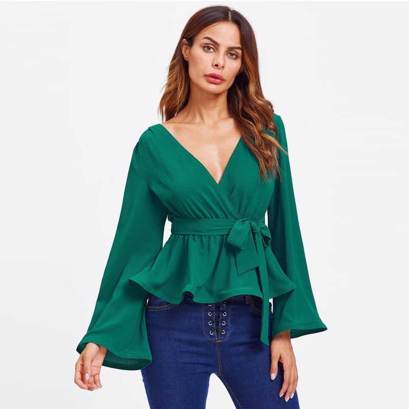 Quality Bell Sleeve Wrap Blouse with Deep V Neck wholesale