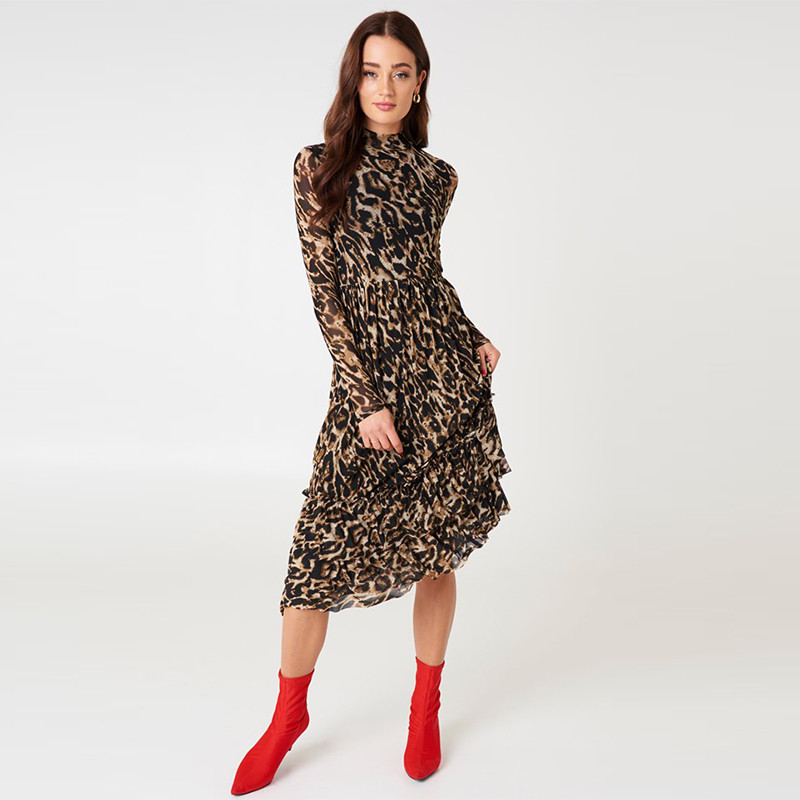 Quality Fashion Women Leopard Print Long Sleeve Women Maxi Dresses wholesale