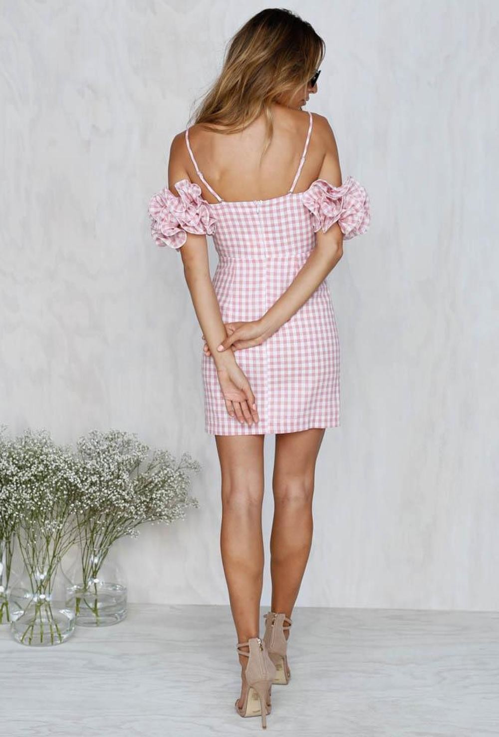 Quality 2018 New Arrivals Clothing Ruffled Sleeve Pink Gingham Women Dresses Summer wholesale