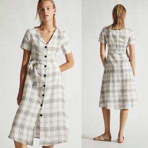 Quality Summer Clothing Women V Neck Midi Checked Linen Dress wholesale