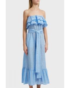 Quality Women Blue Cotton Off Shoulder Floral Embroidery Ruffle Dress Women wholesale