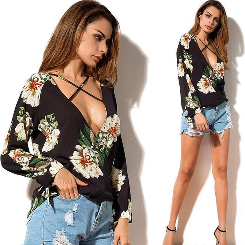 Quality Women Low Neck Floral Chiffon Long Sleeve Top wholesale
