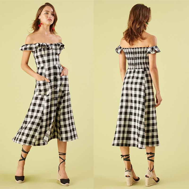 Quality Black and white checked off shoulder dress wholesale