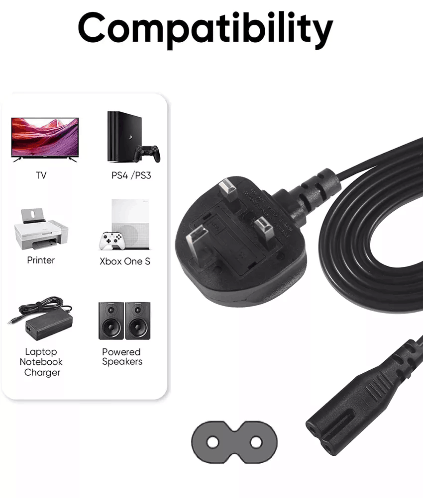 1.8M Black 0.75mm BS Standard Plug UK 3 Pin to IEC C7 AC Power Cord with Customized Length