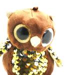 3D Plush Doll Key Chain Brown Embroidered Owl 10cm Inlaid Round Gold Eyes Beads