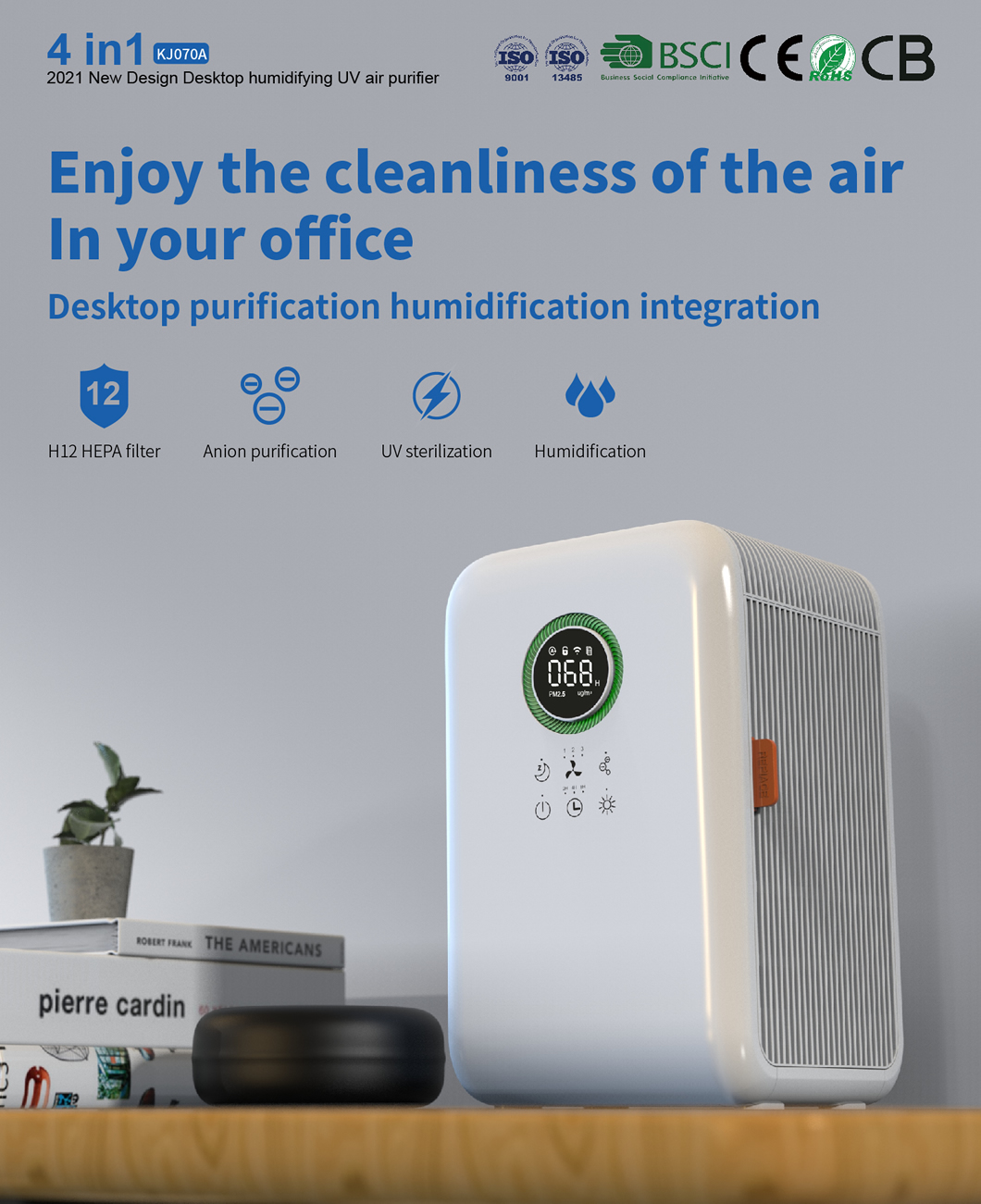 Homefish OEM UV Hepa Air Purifier Negative Ions Air Cleaner Ture Hepa Filter Desktop Tuya Wifi Air Purifier With Humidification
