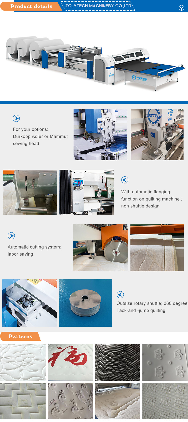 DZ1 3000rpm single needle quilting machine chain stitch for quilts ZOLYTECH mattress machinery w/flanging