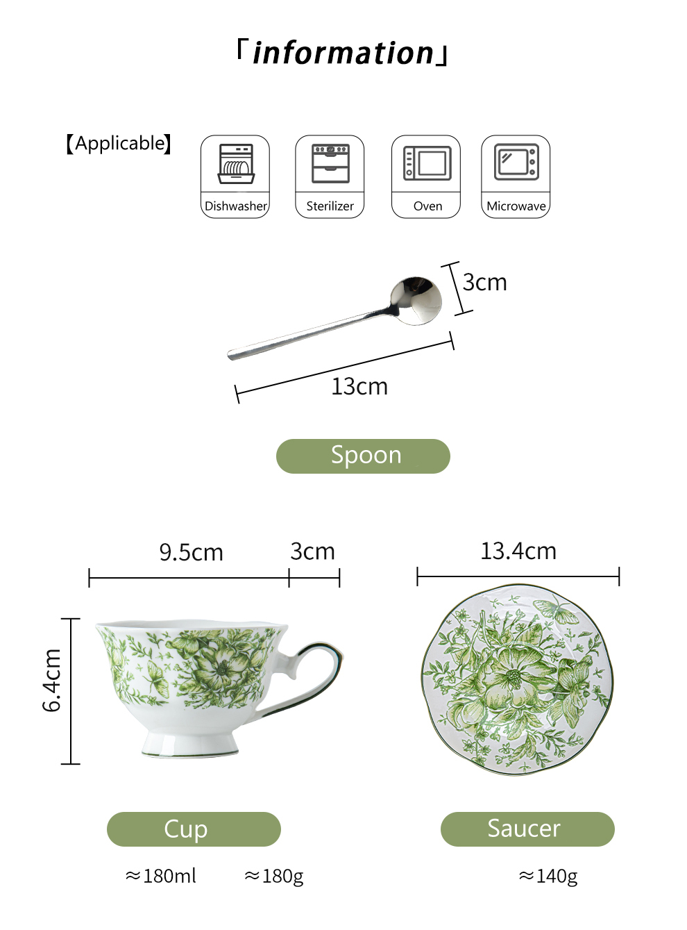 Business Gifts Occasion Ceramic Green Floral Bone Tea Cup Set With Saucer And Coffee Mug