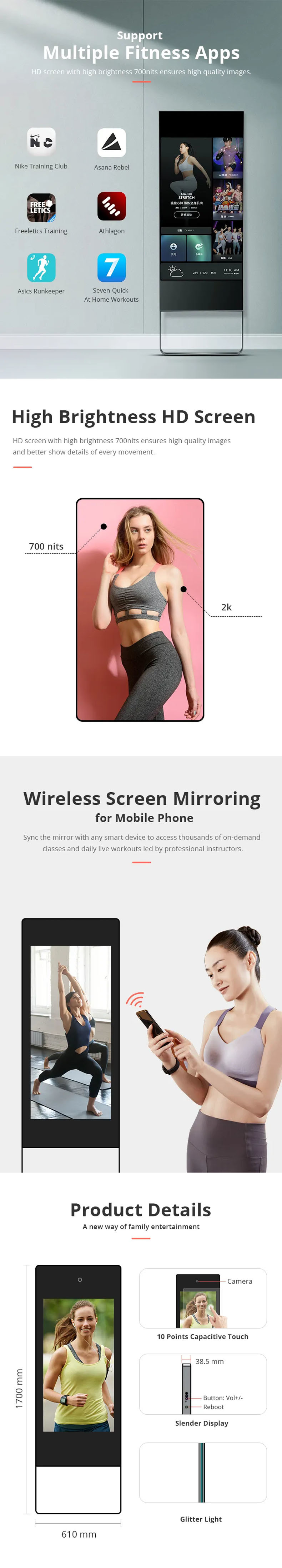 Fitness LCD Mirror Advertising Display 350cd/m2 High Brightness
