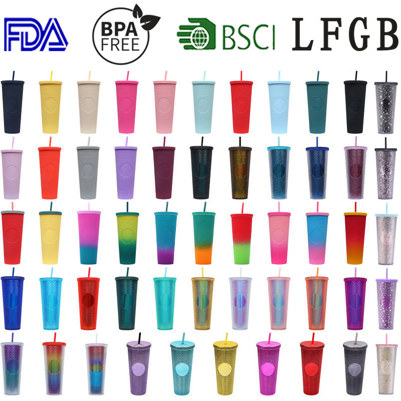 Iridescent Studded Double-Wall Plastic Tumbler With Lid Straw For DIY Customization Iced Coffee Water BPA-Free