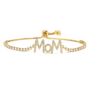 Quality 18k Gold Plated Diamond Custom Letter Mothers Day Bracelet Adjustable Beaded Tennis Chain wholesale
