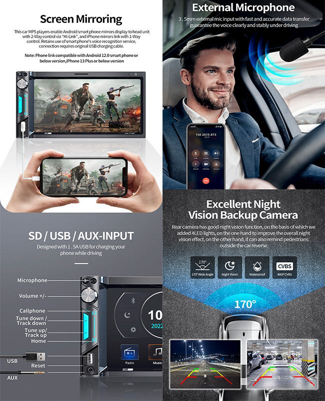 7 Inch IPS MP5 Car Stereo Mirrorlink AM FM High Definition Car Stereo Dual Camera