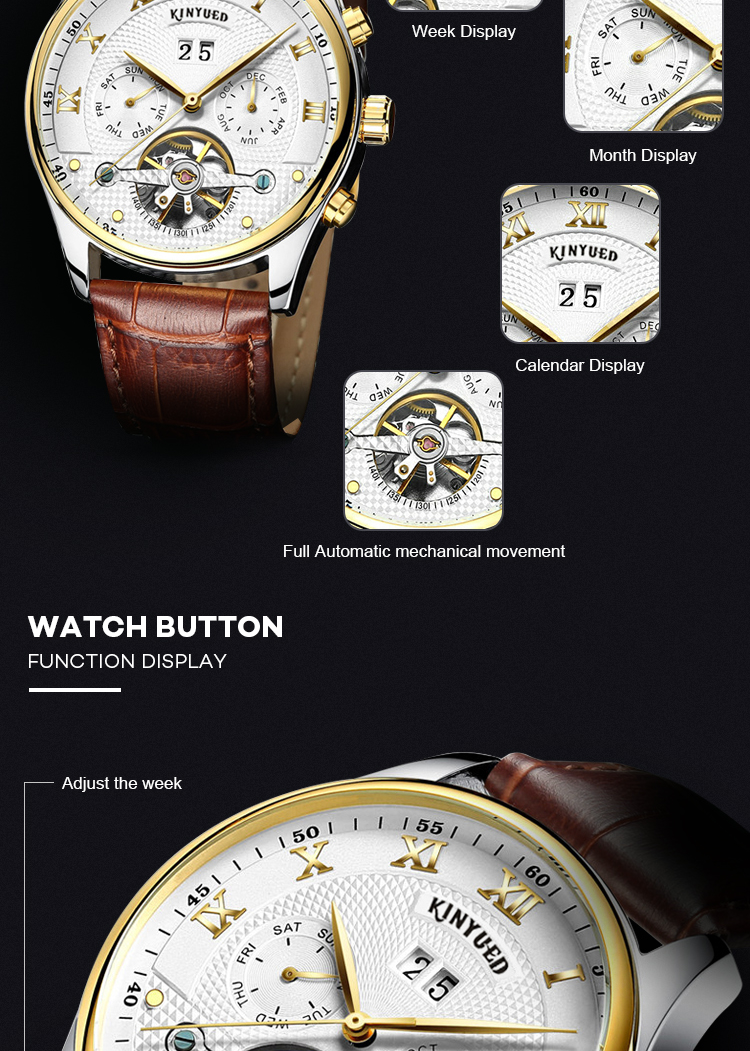 KINYUED Business Power Reserve Automatic Movement Luxury Watches For Men Automatic Skeleton Watch
