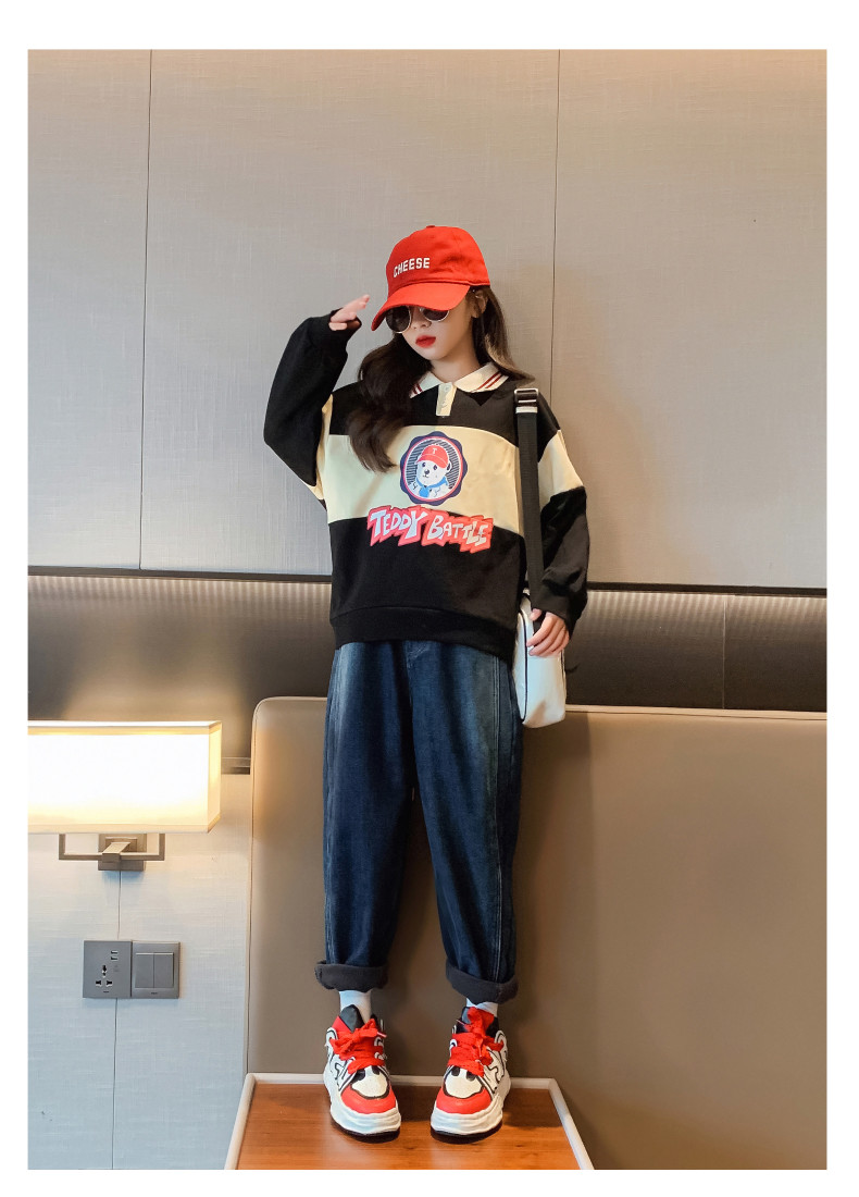 Girls' hoodie children's Spring and Autumn clothing color matching warm casual cartoon top for 4-16 years old children