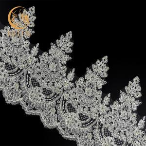 Quality OEM White Scalloped Beaded Bridal Lace Trim Embroidery 80% Nylon wholesale