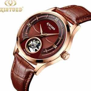 Quality KINYUED genuine leather tourbillon mens automatic watch skeleton mechanical watch men wristwatch wholesale