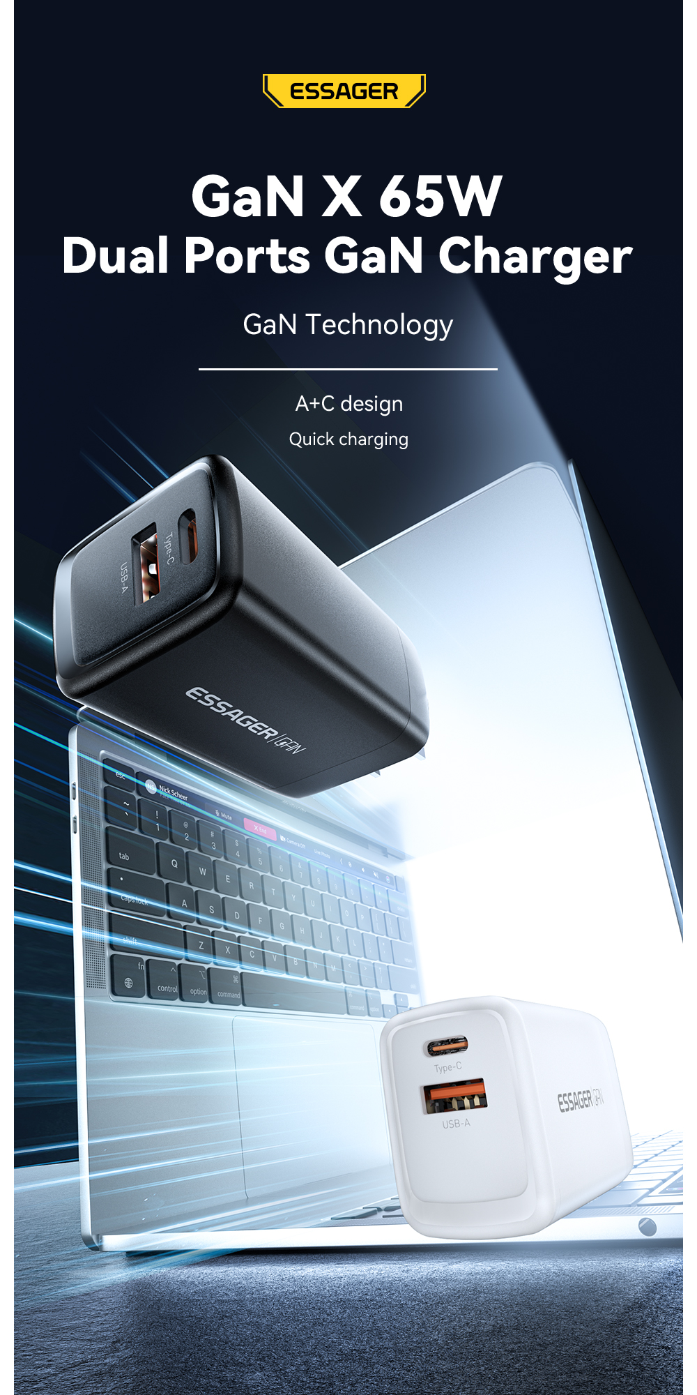 ESSAGER JT-G65Q Series Portable Fast Charger 65W For Android Phone Charger
