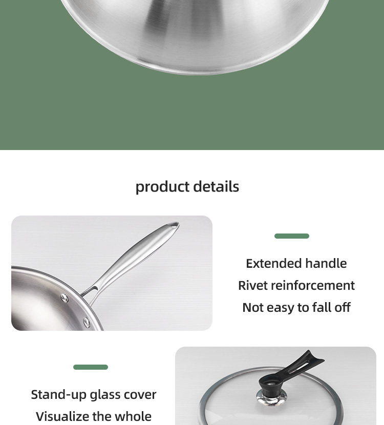 Customized Kitchen 18/8 Stainless Steel Wok Tri-ply Non-stick Frying Pan Honeycomb Wok With Glass Lid