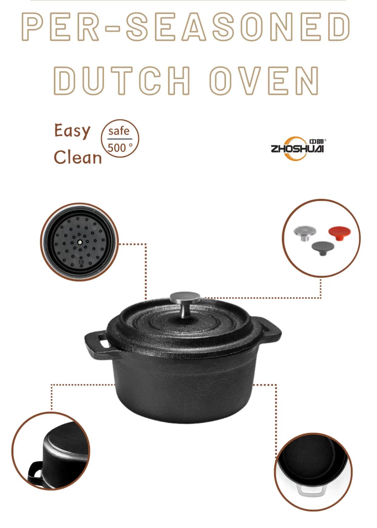 Cast Iron Enamel Coating Pre Seasoned Dutch Oven With Lid For Camping