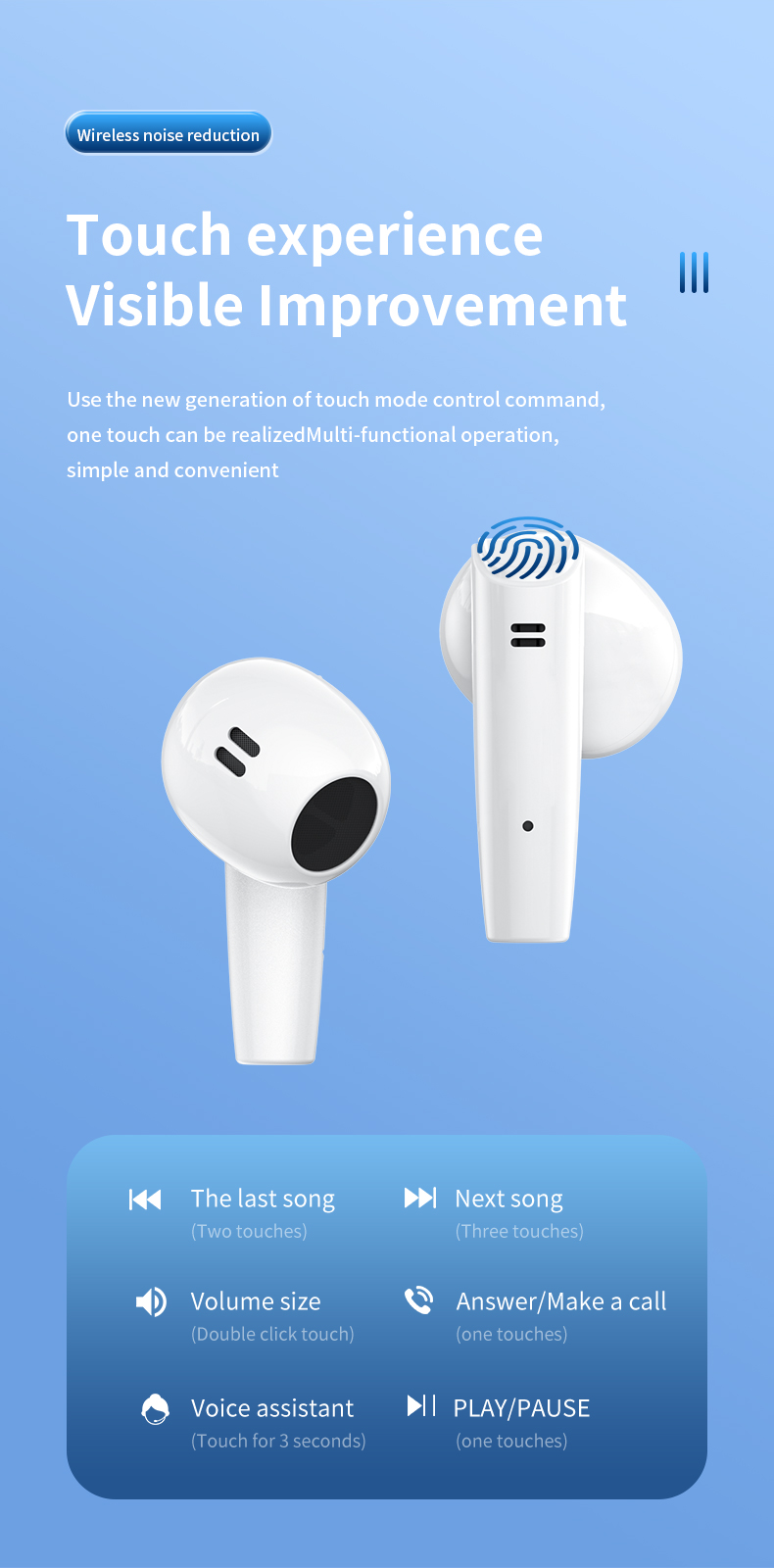 TWS 5.3 Wireless Earbuds In-Ear Headphone with Strong Bass Smart Touch Noise Cancelling