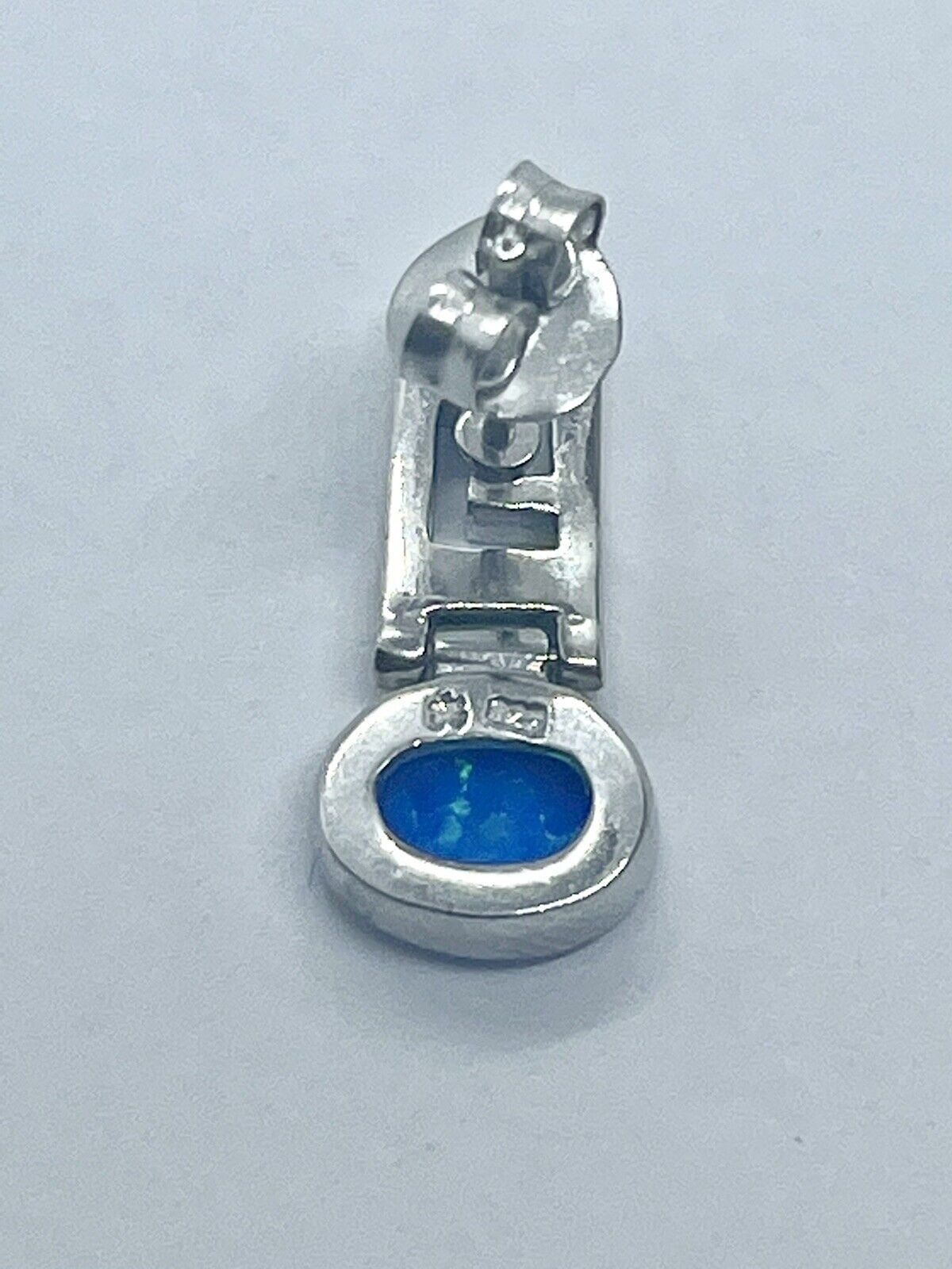 925 Greek Key Round Dangle Blue Lab Created Opal Earrings 3.9 Grams Estate Vintage For Girls