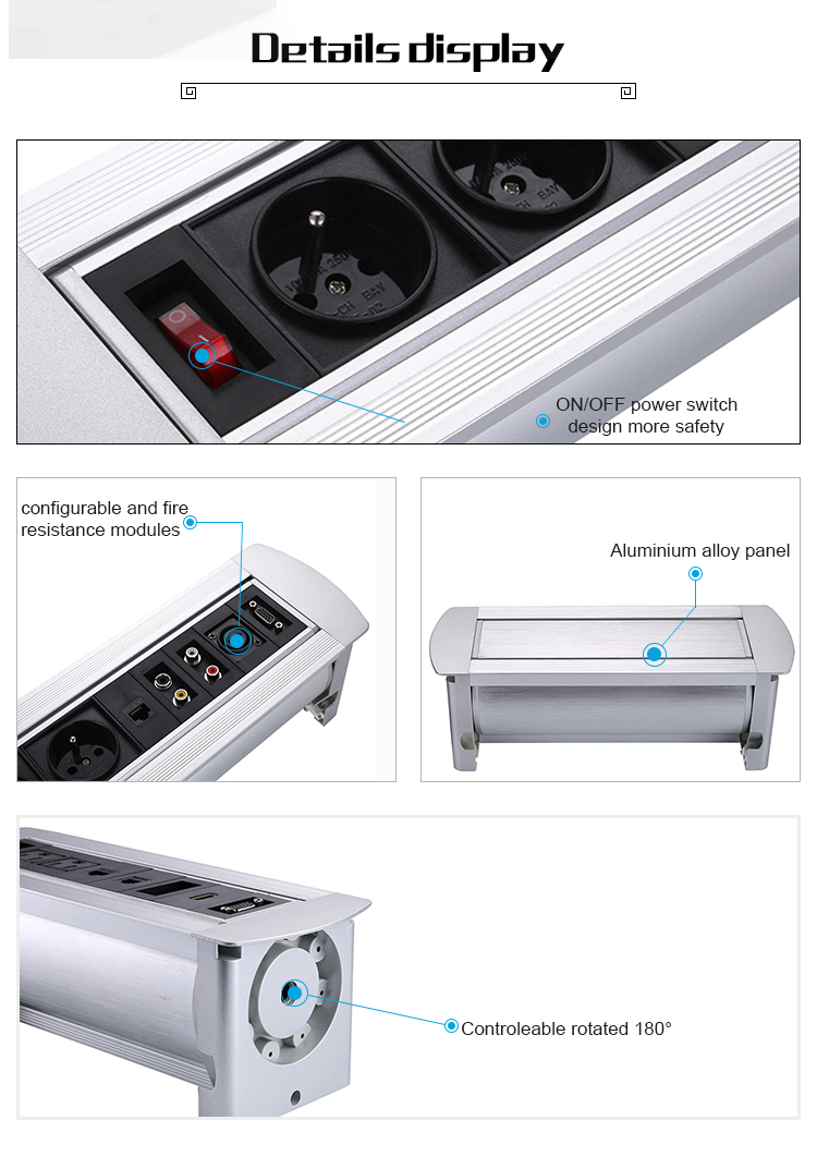Matte Black Motorized Flip Plug Socket Recessed Desk Power Strip For Office Electrical