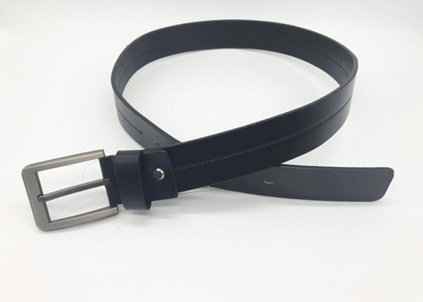Black Mens Casual Leather Belt With Middle Straight - Line Stitching Square Thickness Pin Buckle