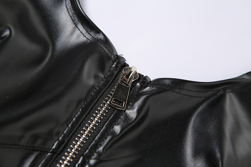 Ladies Lace Up Halter Neck Zipper Black Leather Tank Top