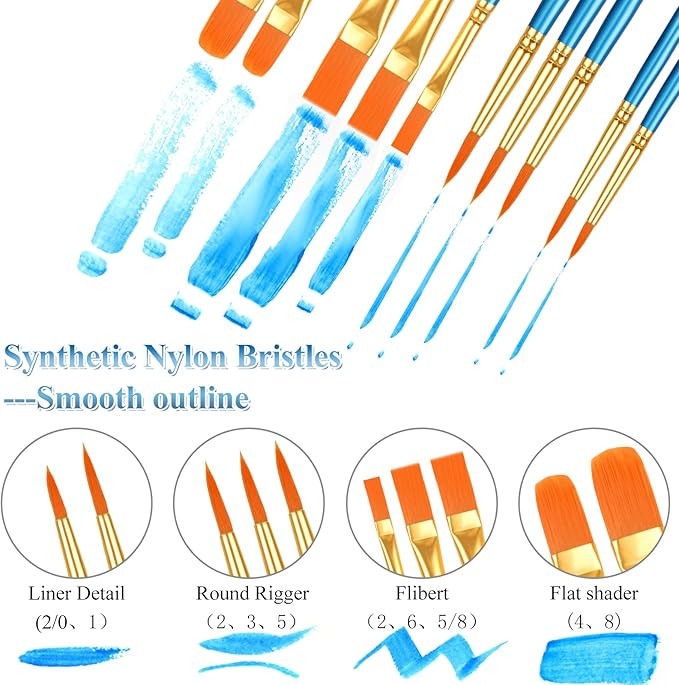 Wooden Handle Acrylic Paint Brush Set 12 Pcs Nylon Hair Paint Brushes For All Purpose