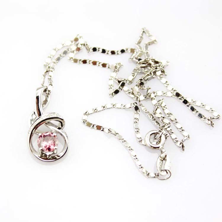925 Sterling Silver 5mm Round Pink Cubic Zircon Pendant Necklace (P47)