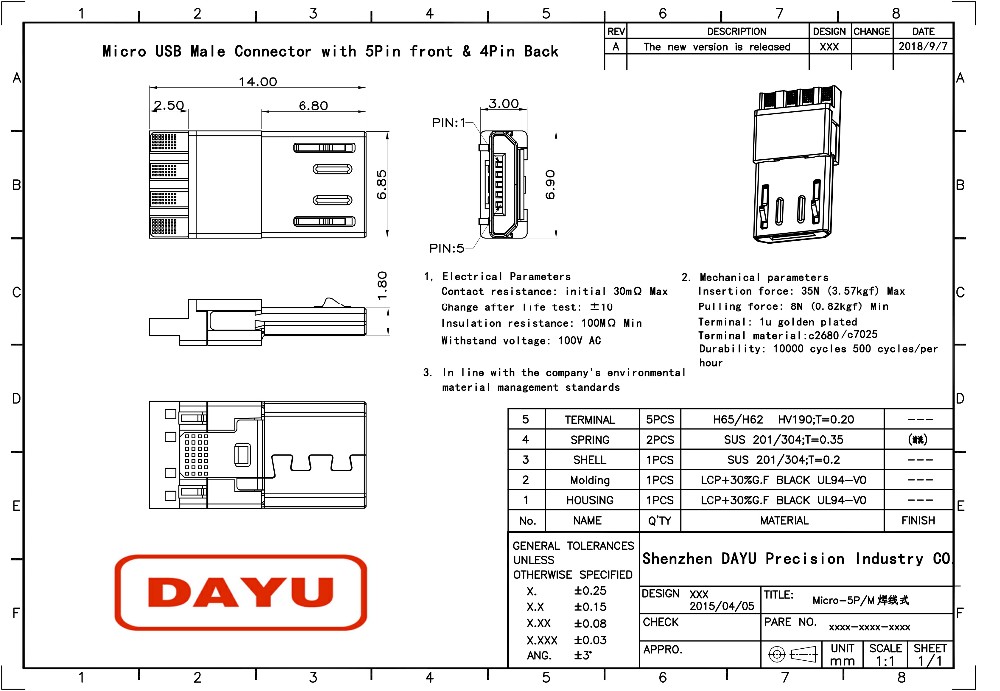 V8 Usb Male Connector , Micro Connector 2 Pin 5000-15000 Cycles Durability