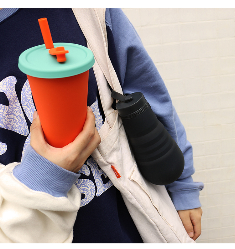 Travel Camp Collapsible Silicone Coffee Cup 350ml With Straw Lid