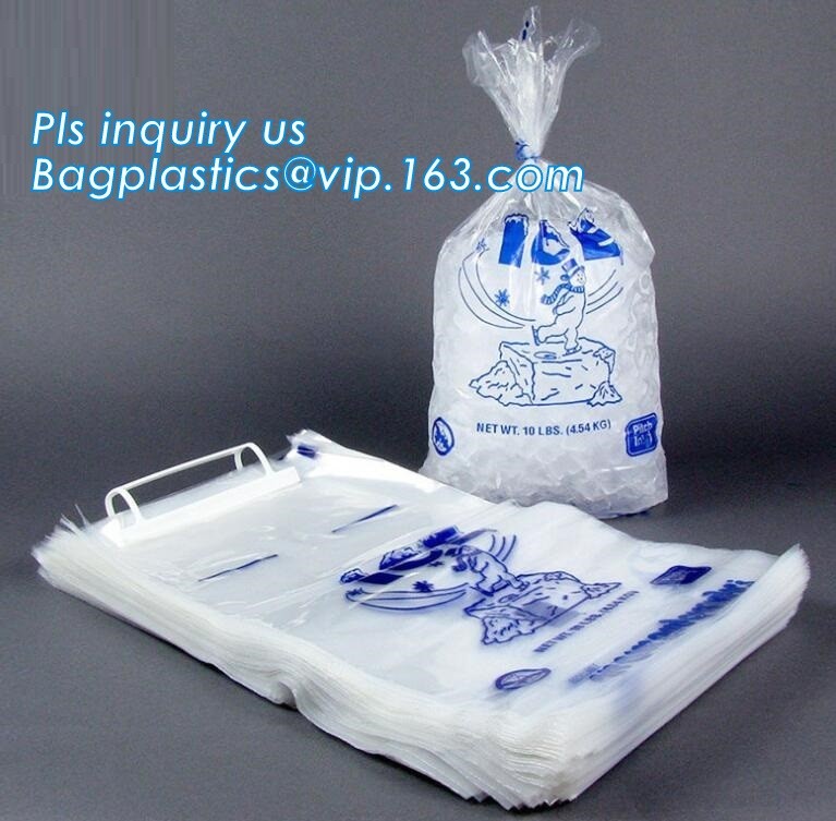 ECO FRIENDLY ICE PACK BAGS, ECO GREEN PACKAGING, BIO ICE BAG, disposable drawstring top crystal clear ice plastic bag,