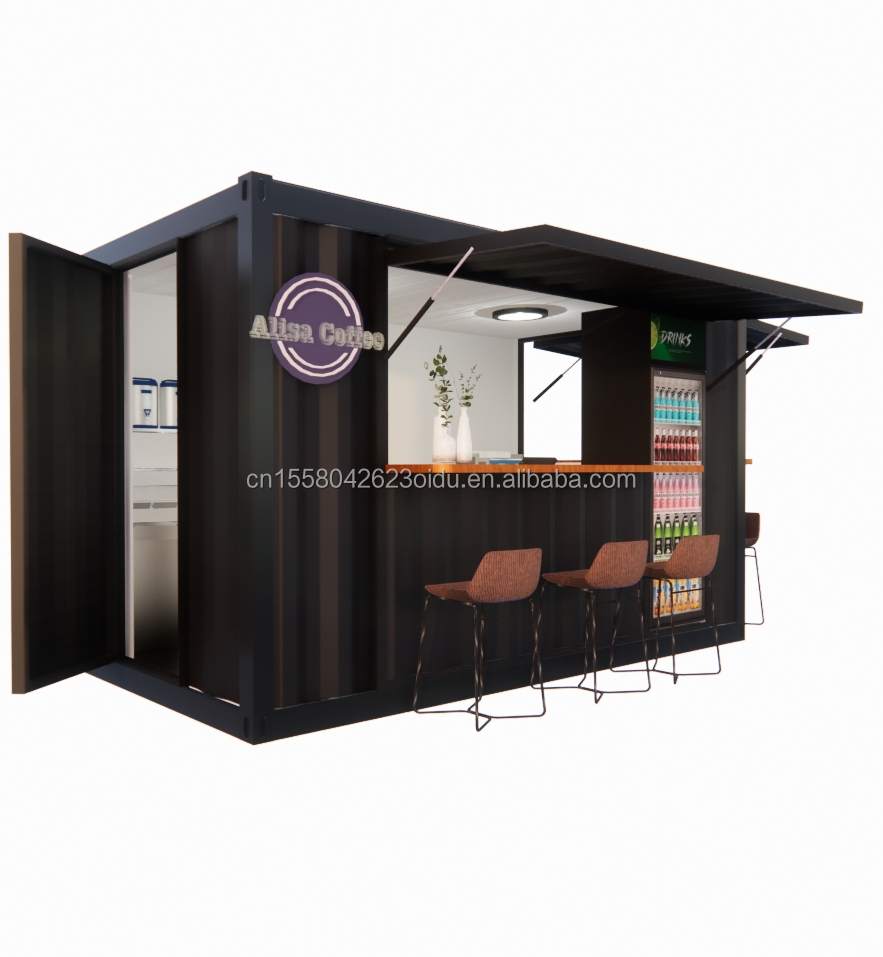 Shop Supermarket 10-12FT Container Mobile Cafe Steel Structure with Wooden Houses Design in Modern Style and High Qualit