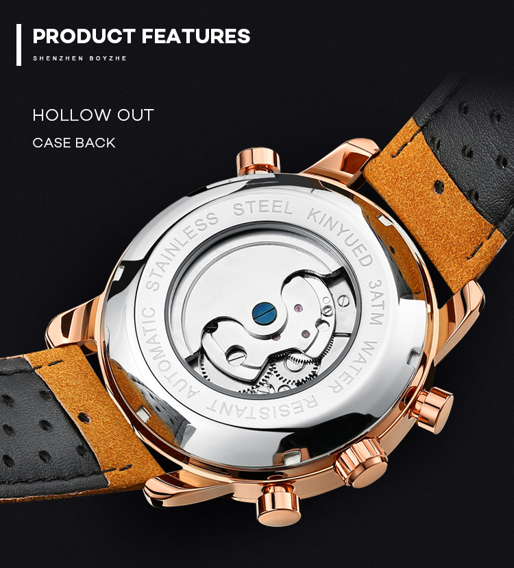 KINYUED J019-1 Gold Case Genuine Leather Auto Date Skeleton Tourbillon Automatic Mechanical Wristwatches