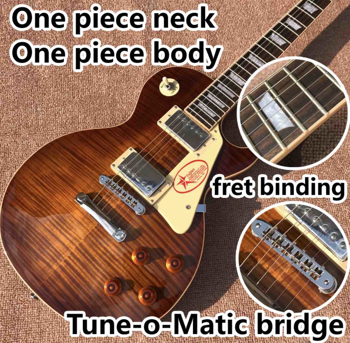 One piece Neck one piece body electric guitar, Upgrade Tune-o-Matic bridge guitar Tiger Flame standard guitar in sunburs