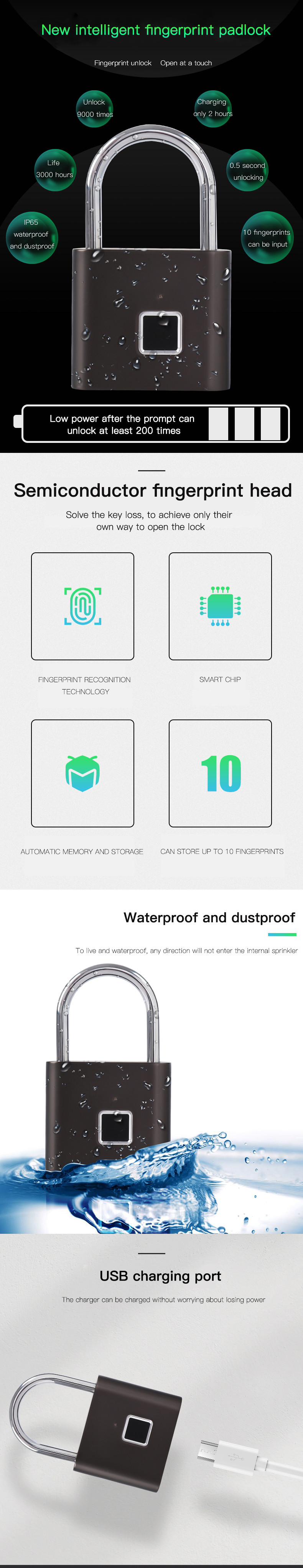 IP65 SS303 Semiconductor Fingerprint Smart Padlock