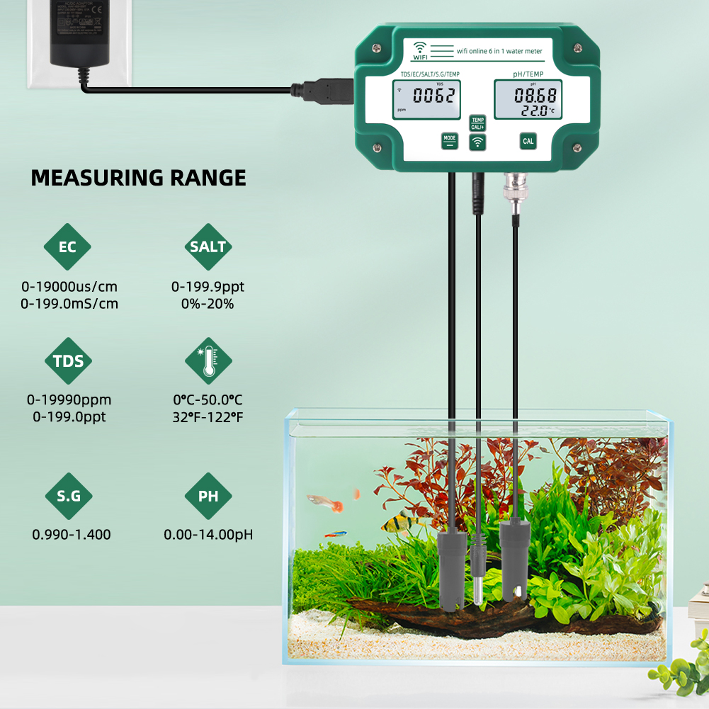 6-in-1 Wifi Water Tester for PH/EC/TDS/SALT/G.S/Temp Meter TUYA APP Online Monitoring