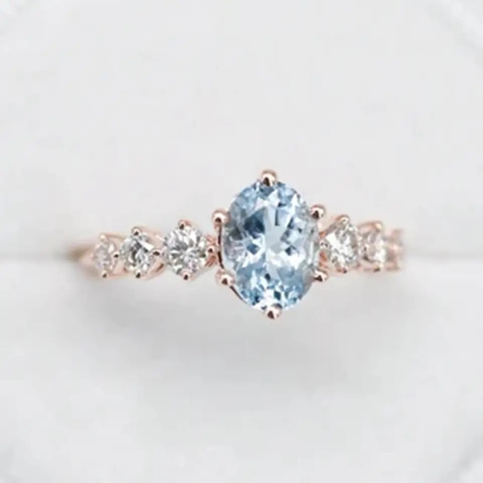 Delicate Fantastic S925 Sterling Silver Rose Gold Round Cz Oval Blue Aquamarine Engagement Ring Cluster Dainty Rings
