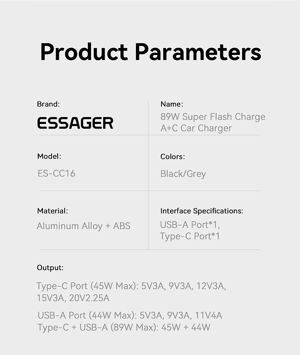 ESSAGER ES-CC16 Series USB A+USB C Cell Phone Quick Charge Car Charger Outlet