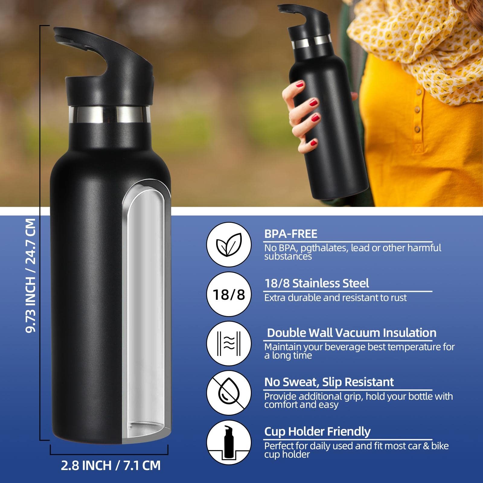 Black Stainless Steel Water Bottles 24 Ounce Vacuum Insulated Double Wall Travel Bottle With Leak-Proof Straw Lid Of Handle Metal Reusable Standard