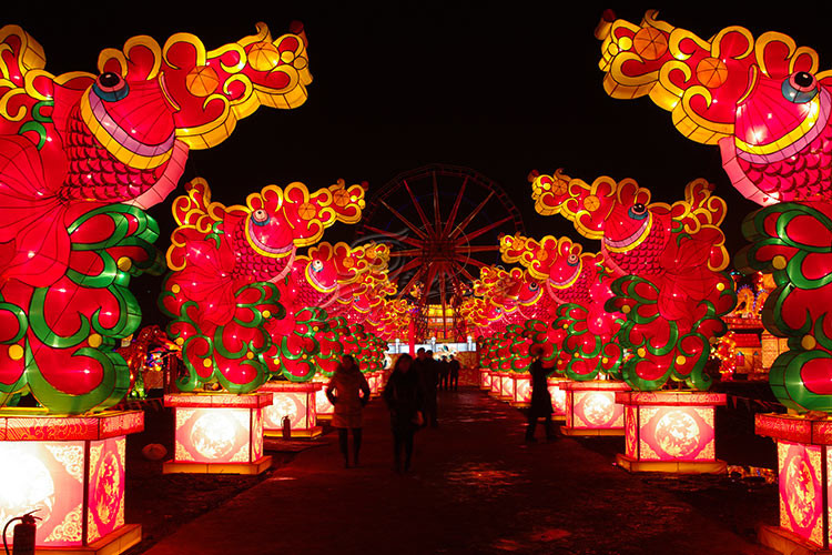 Electric Silk Fabric Chinese Lanterns Dinosaur Shaped For New Year Show