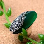 Vintage Sterling Silver Ring with Oval Green Agate and Marcasite (R12283GREEN)