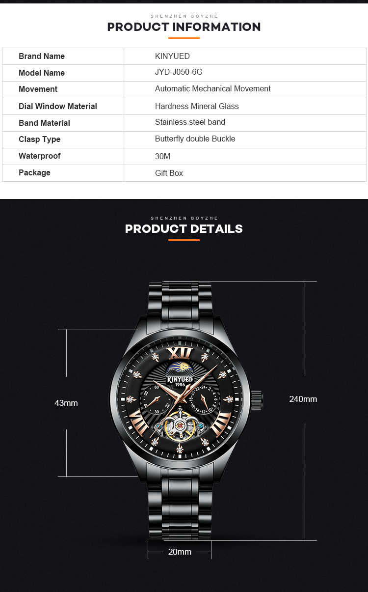 KINYUED High Quality Custom Waterproof Watch Watch Buckle Stainless Steel Automatic Mechanical Watch Men