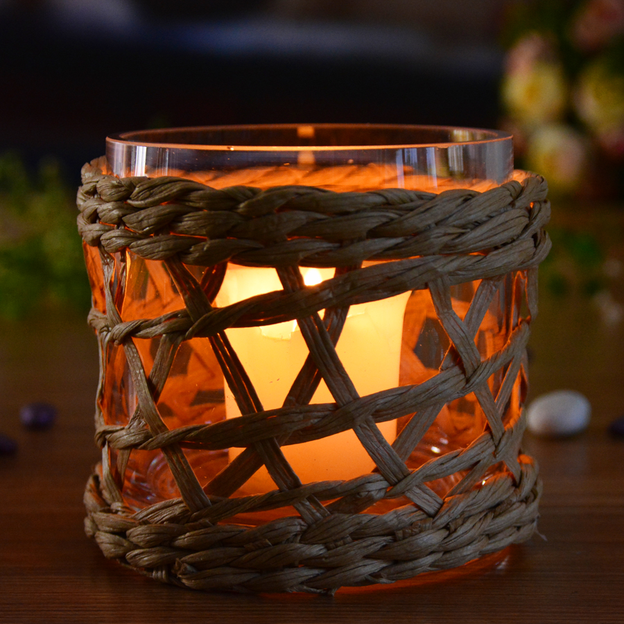 Round Creative Glass Candle Holders With Wicker Sleeve