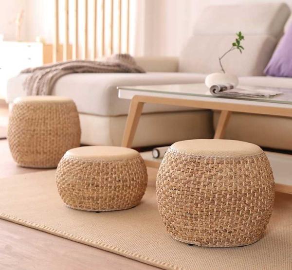 Natural Straw Household Storage Stool Grass Woven Ottoman Box Eco-Friendly Hand
