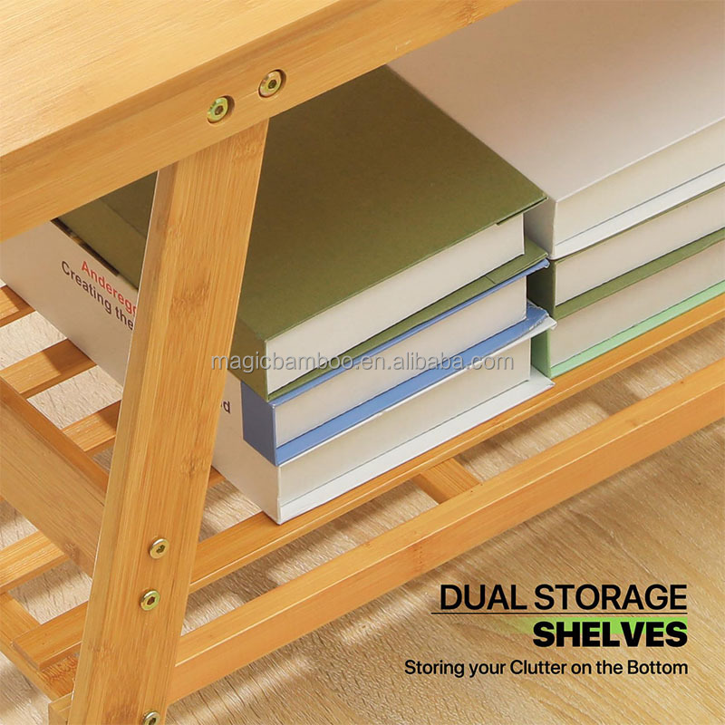 50x100x48.5cm Bamboo Dual Tier Coffee Table With Open Storage Shelf For In Living Room