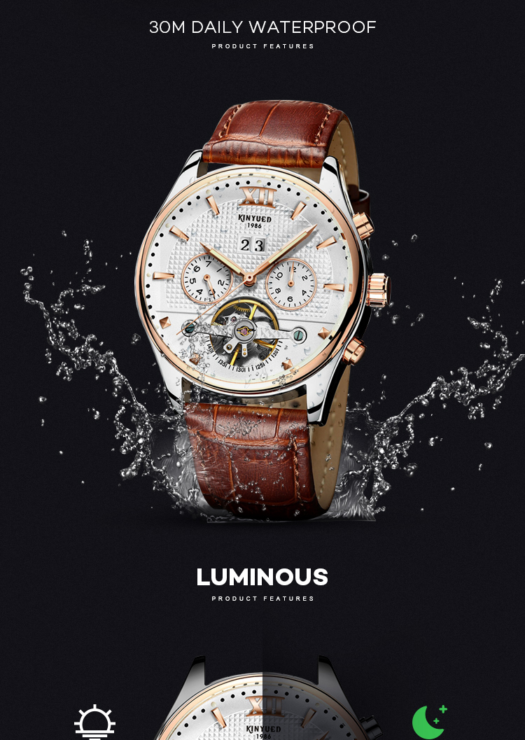 KINYUED Fashion Tourbillon Automatic Movement Mens Automatic Mechanical Watch Genuine Leather Wristwatch