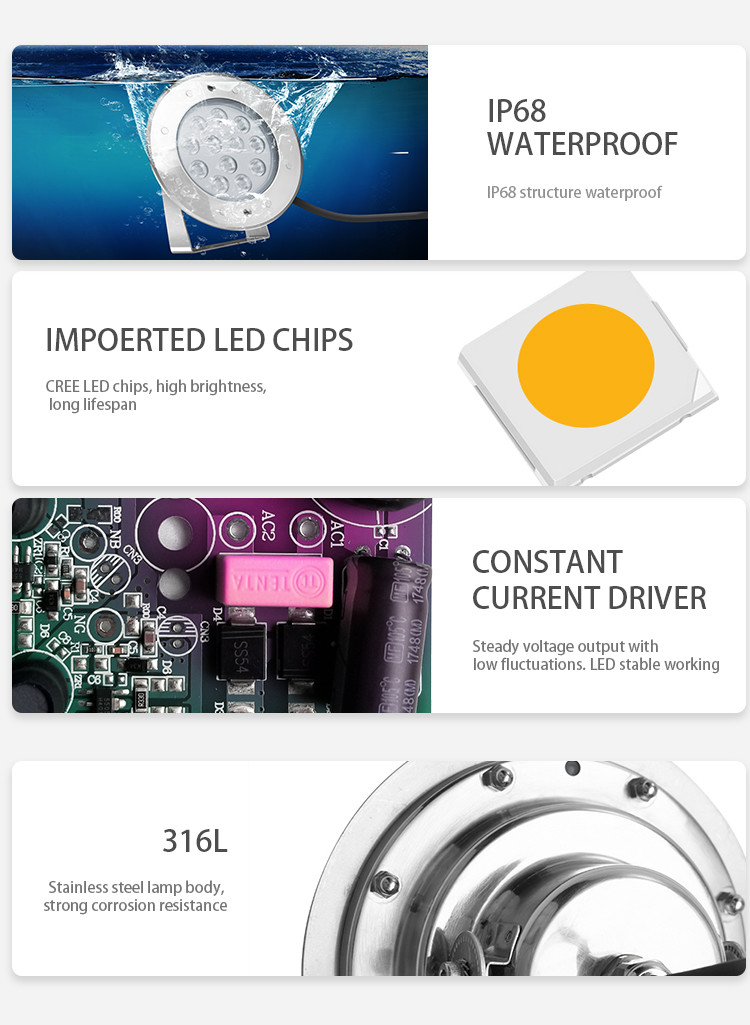 Color Changing underwater LED Spotlights 12W DMX512 Control IP68 SS316L Material